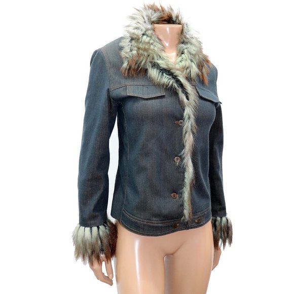 Y2K Jex Collection Denim Jacket Faux Fur Trim M-L - Picture 4 of 9